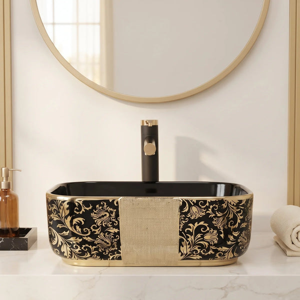 Rectangular Table Top Wash Basin – Glossy Black with Gold Floral Design & Textured Accent (16x12x6 In)