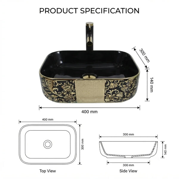 Rectangular Table Top Wash Basin – Glossy Black with Gold Floral Design & Textured Accent (16x12x6 In)