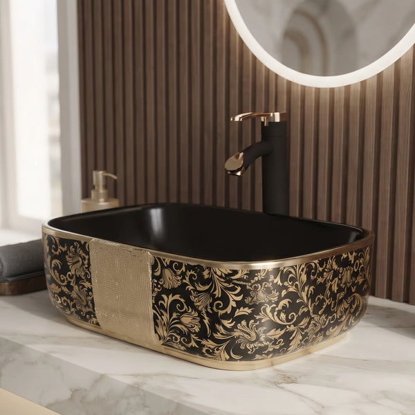 Rectangular Table Top Wash Basin – Glossy Black with Gold Floral Design & Textured Accent (16x12x6 In)