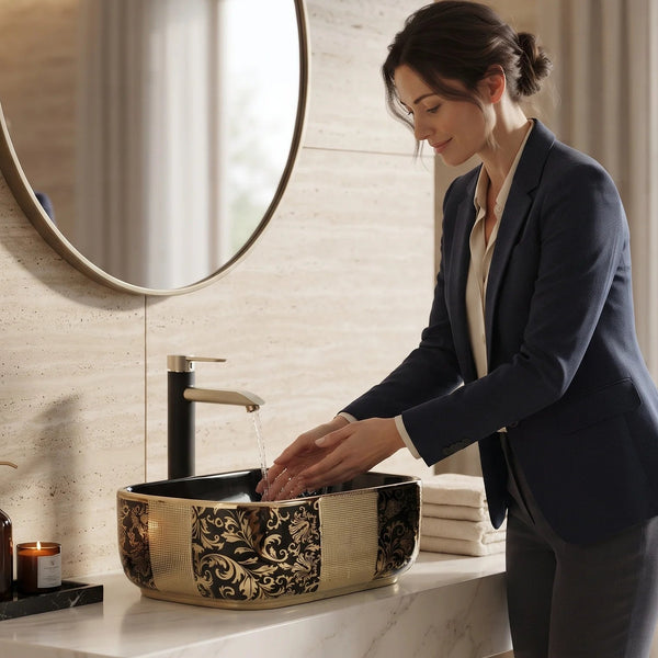 Rectangular Table Top Wash Basin – Glossy Black with Gold Floral Design & Textured Accent (16x12x6 In)