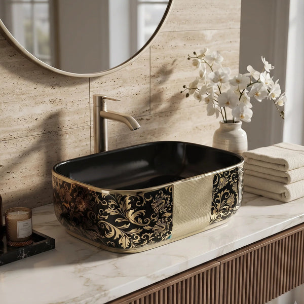 Rectangular Table Top Wash Basin – Glossy Black with Gold Floral Design & Textured Accent (16x12x6 In)