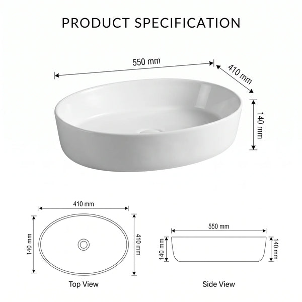 Glossy White Oval Table Top Wash Basin – 22 × 16 × 5.5 Inches