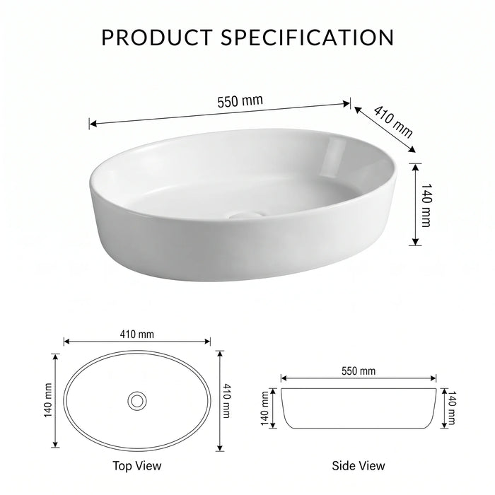 Glossy white oval table top wash basin measuring 550 × 410 × 140 mm, with a smooth curved bowl, styled on a bathroom vanity counter.