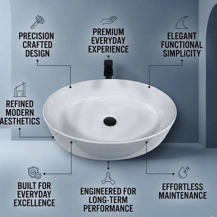 Glossy white oval table top wash basin measuring 550 × 410 × 140 mm, with a smooth curved bowl, styled on a bathroom vanity counter.