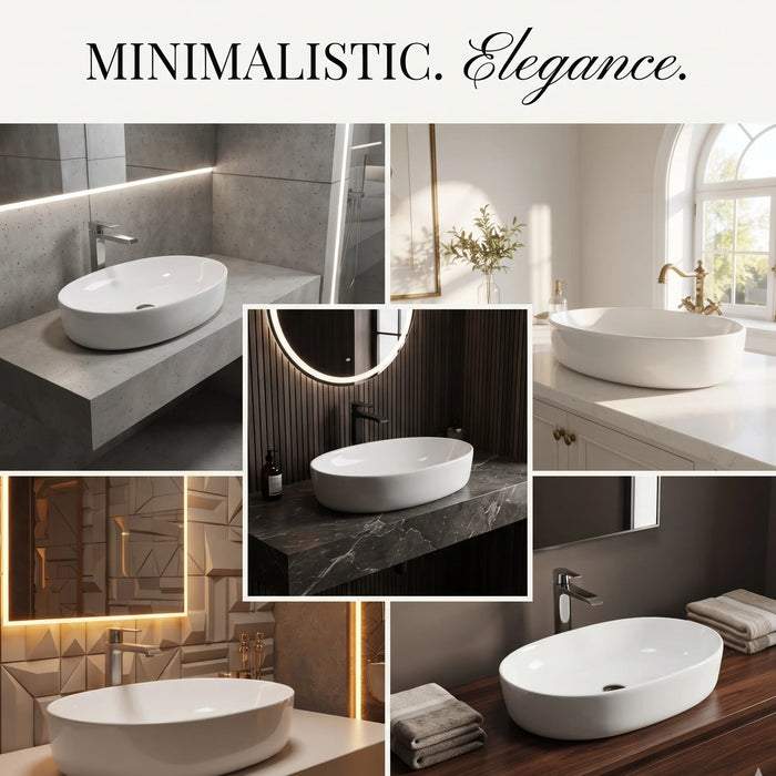 Glossy white oval table top wash basin measuring 550 × 410 × 140 mm, with a smooth curved bowl, styled on a bathroom vanity counter.