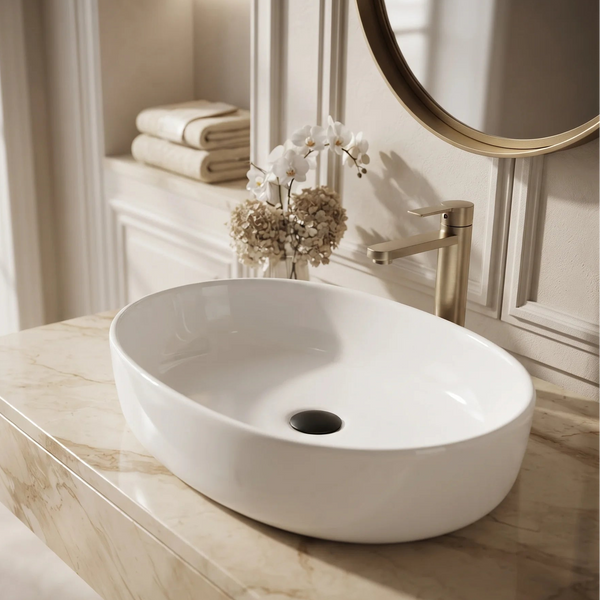 Glossy White Oval Table Top Wash Basin – 22 × 16 × 5.5 Inches