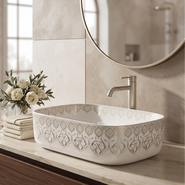 Rectangular Table Top Wash Basin – Glossy White with Gold Decorative Pattern (16x12x6 In)