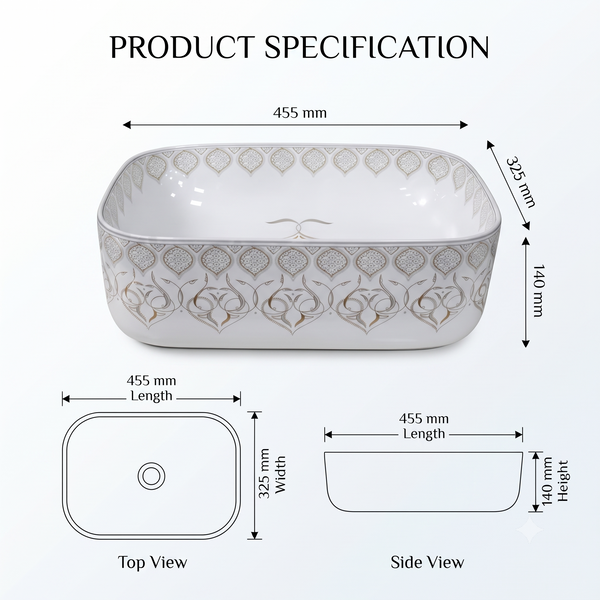 Rectangular Table Top Wash Basin – Glossy White with Gold Decorative Pattern (16x12x6 In)