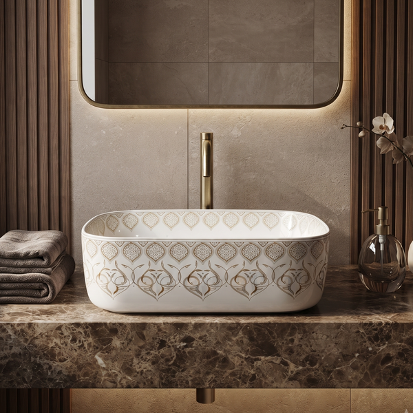 Rectangular Table Top Wash Basin – Glossy White with Gold Decorative Pattern (16x12x6 In)