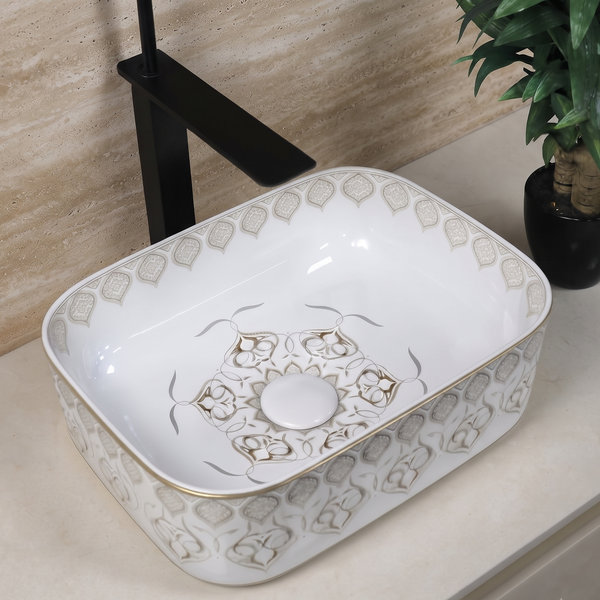 Rectangular Table Top Wash Basin – Glossy White with Gold Decorative Pattern (16x12x6 In)