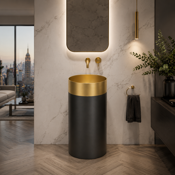 Metal Pedestal Wash Basin,size-16x16x33 Inch Gold + Black