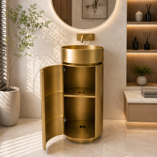 Gold Metal Pedestal Wash Basin with Storage | size-16x16x33 Inch | Stylish and Practical Pedestal Wash Basin