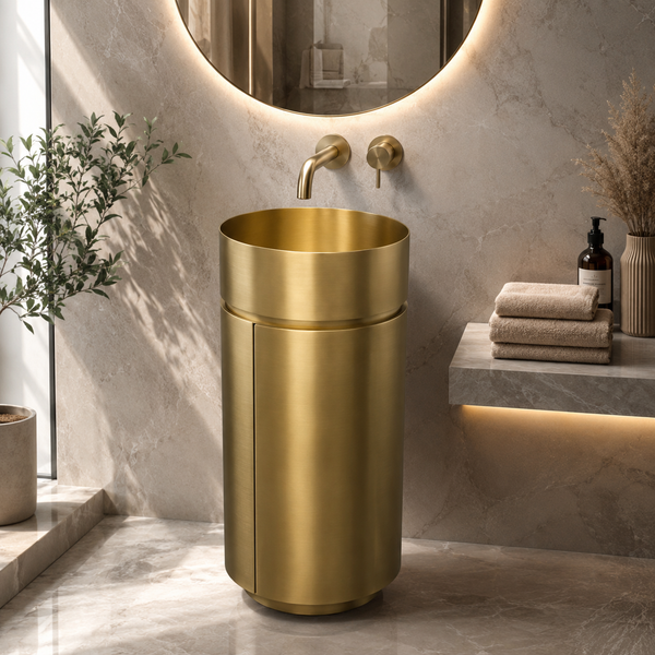 Gold Metal Pedestal Wash Basin with Storage | size-16x16x33 Inch | Stylish and Practical Pedestal Wash Basin