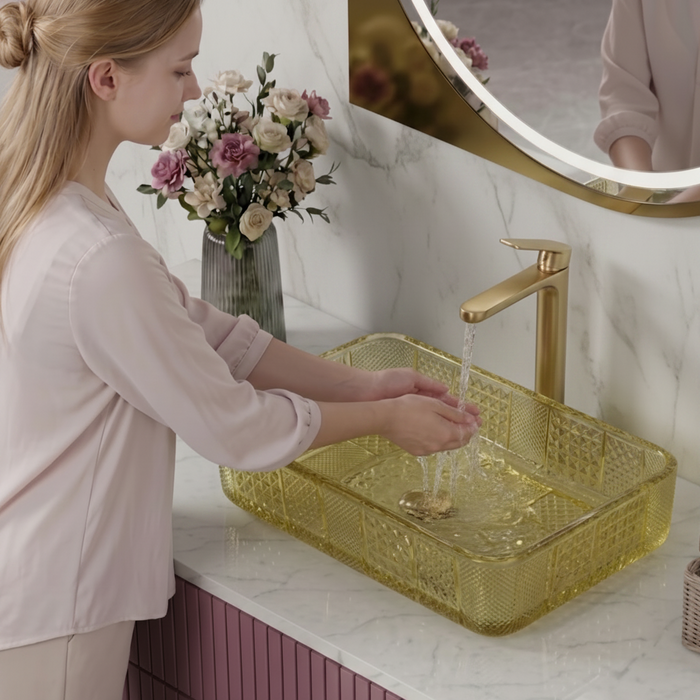 Gold Rectangle Transparent Glass Wash Basin