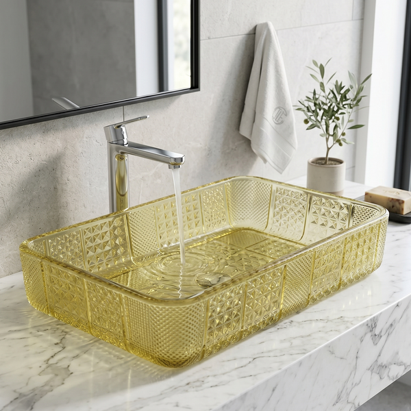 Bassino Modern Transparent Glass Wash Basin | Stylish Countertop Wash Basin for Bathroom–460x320x105 mm Gold
