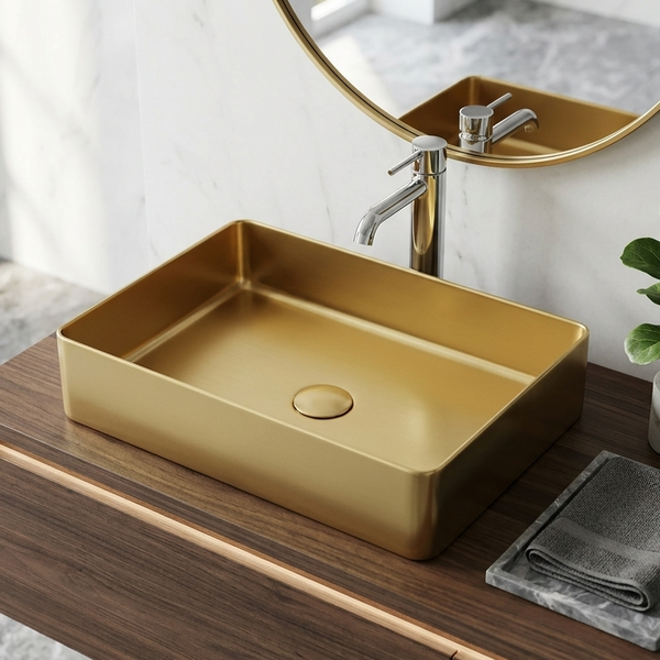 Bassino Modern Stainless Steel Wash Basin | Stylish Countertop Wash Basin for Bathroom–500x350x120 mm Gold
