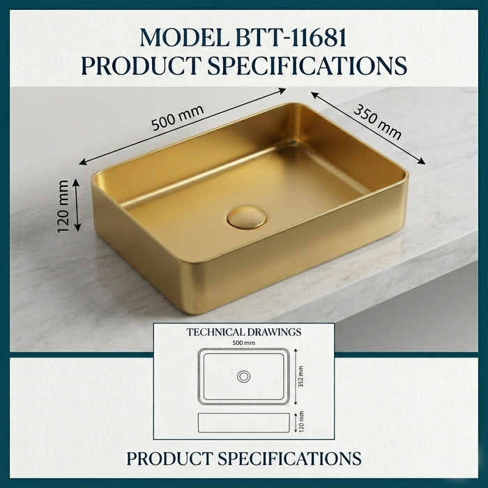Gold Stainless Steel Wash Basin Size