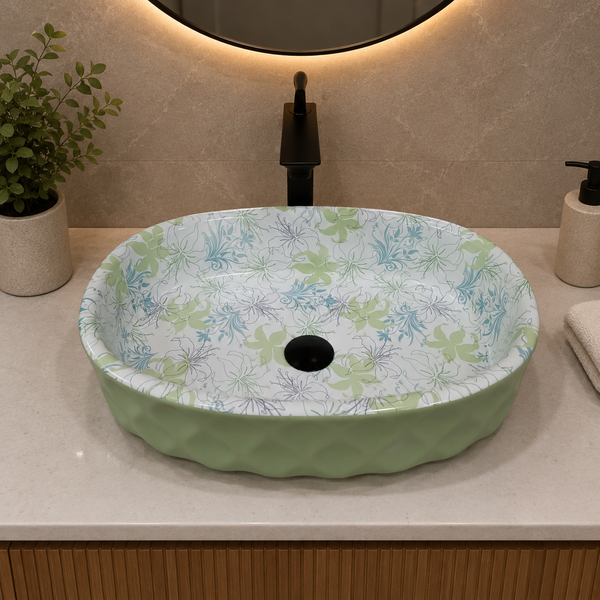 Floral Ceramic Table Top Wash Basin – 20 × 13 × 6 Inch | Glossy Designer Countertop Basin