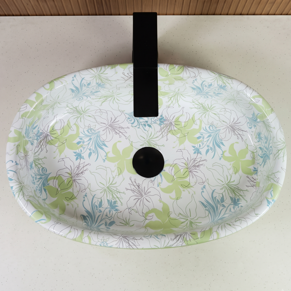 Floral Ceramic Table Top Wash Basin – 20 × 13 × 6 Inch | Glossy Designer Countertop Basin