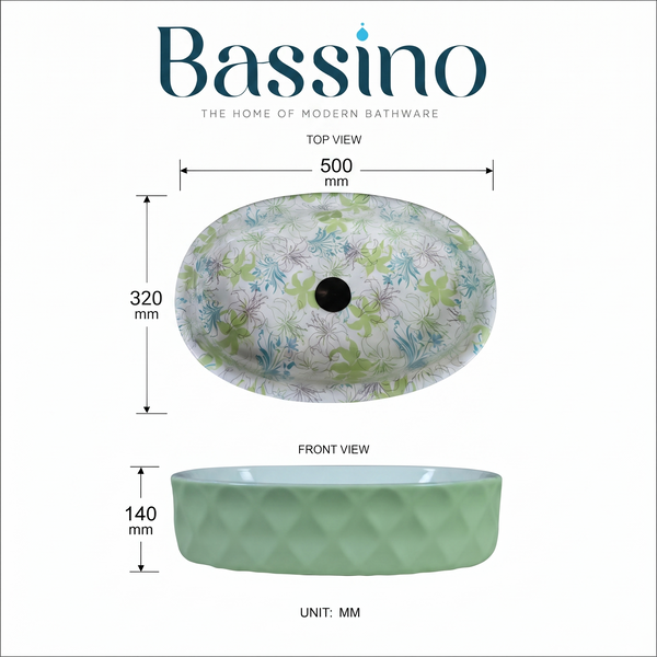 Floral Ceramic Table Top Wash Basin – 20 × 13 × 6 Inch | Glossy Designer Countertop Basin
