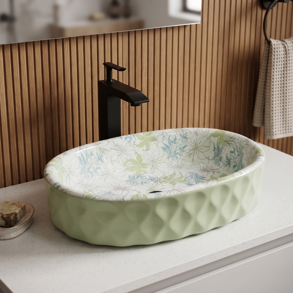 Floral Ceramic Table Top Wash Basin – 20 × 13 × 6 Inch | Glossy Designer Countertop Basin