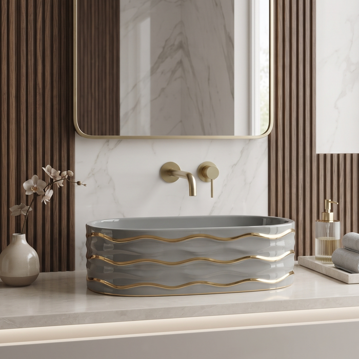 Grey Ceramic Table Top Wash Basin – Glossy Finish Rectangular Countertop Basin with Gold Wave Design for Modern Bathrooms | 20x12x6 Inch