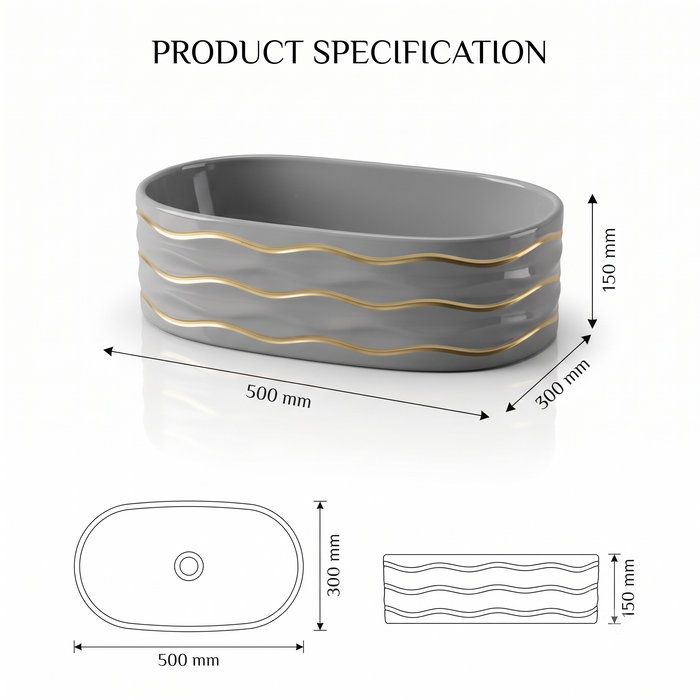 Grey Ceramic Table Top Wash Basin – Glossy Finish Rectangular Countertop Basin with Gold Wave Design for Modern Bathrooms | 20x12x6 Inch