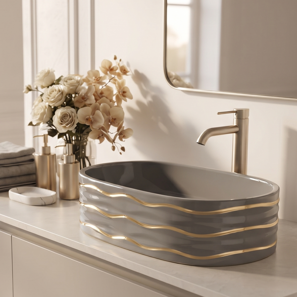 Grey Ceramic Table Top Wash Basin – Glossy Finish Rectangular Countertop Basin with Gold Wave Design for Modern Bathrooms | 20x12x6 Inch