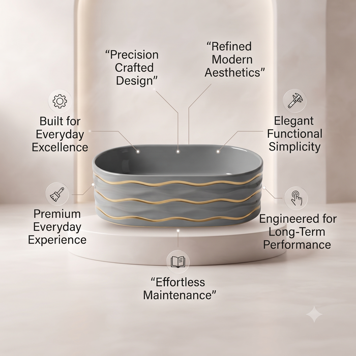 Grey Ceramic Table Top Wash Basin – Glossy Finish Rectangular Countertop Basin with Gold Wave Design for Modern Bathrooms | 20x12x6 Inch