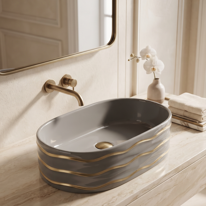 Grey Ceramic Table Top Wash Basin – Glossy Finish Rectangular Countertop Basin with Gold Wave Design for Modern Bathrooms | 20x12x6 Inch