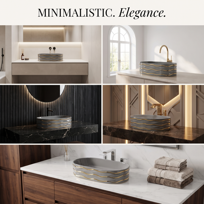 Grey Ceramic Table Top Wash Basin – Glossy Finish Rectangular Countertop Basin with Gold Wave Design for Modern Bathrooms | 20x12x6 Inch