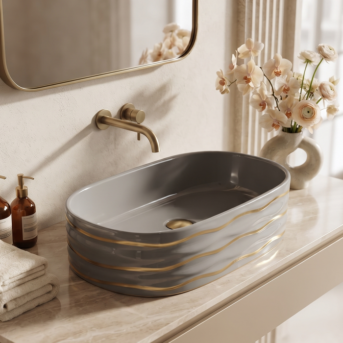 Grey Ceramic Table Top Wash Basin – Glossy Finish Rectangular Countertop Basin with Gold Wave Design for Modern Bathrooms | 20x12x6 Inch