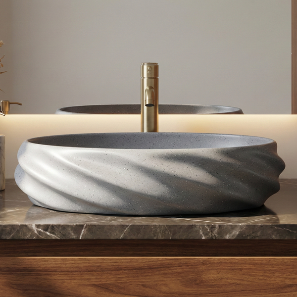 Terrazzo Matt Oval Countertop contemporary Wash Basin (21″ × 13″ × 6″ IN) Grey