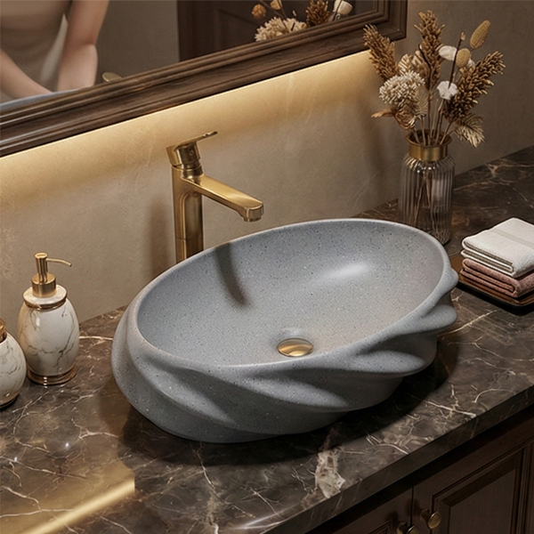 Terrazzo Matt Oval Countertop contemporary Wash Basin (21″ × 13″ × 6″ IN) Grey