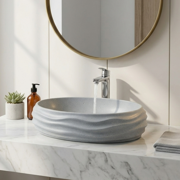 Terrazzo Matt Designer Countertop Wash Basin | Sculpted Oval Basin (22″ × 15″ × 6″ IN) Grey