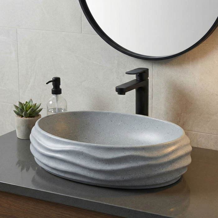 Grey Terrazzo Matt Sculpted Oval Basin 6