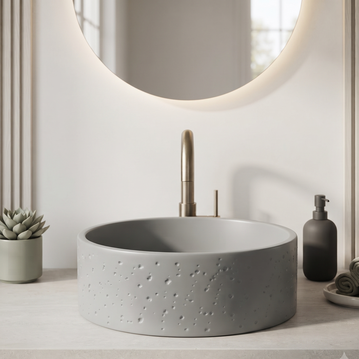 Grey artificial stone round table top wash basin with textured exterior, smooth interior and 400x400x160 mm dimensions for modern luxury bathrooms.