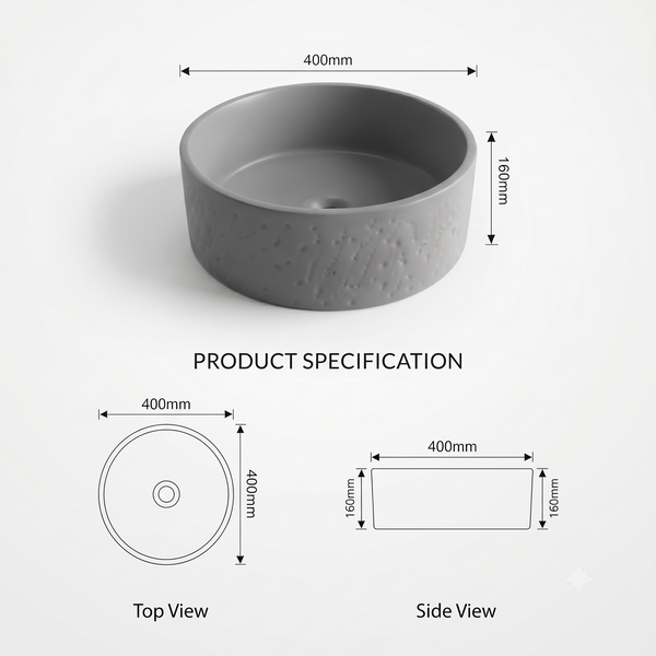 Grey Artificial Stone Round Table Top Wash Basin with Textured Exterior – Premium Designer Matte Countertop Basin for Modern Bathrooms | 16x16x6.3 Inch
