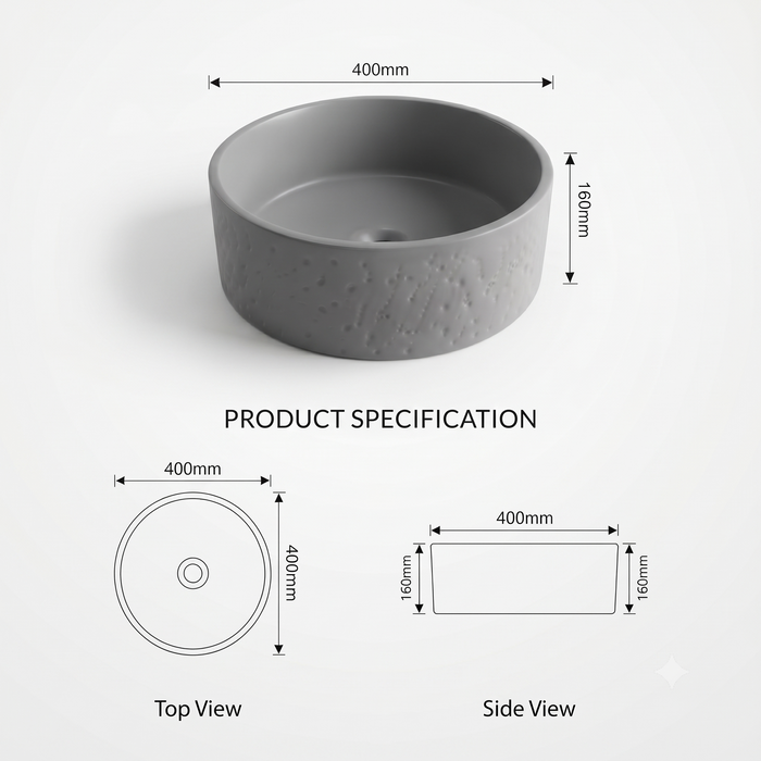 Grey artificial stone round table top wash basin with textured exterior, smooth interior and 400x400x160 mm dimensions for modern luxury bathrooms.