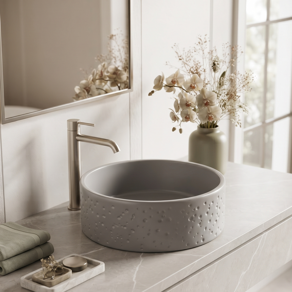 Grey Artificial Stone Round Table Top Wash Basin with Textured Exterior – Premium Designer Matte Countertop Basin for Modern Bathrooms | 16x16x6.3 Inch