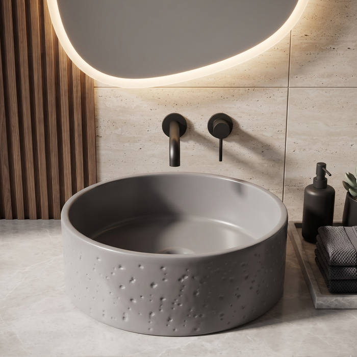 Grey artificial stone round table top wash basin with textured exterior, smooth interior and 400x400x160 mm dimensions for modern luxury bathrooms.