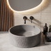 Grey artificial stone round table top wash basin with textured exterior, smooth interior and 400x400x160 mm dimensions for modern luxury bathrooms.