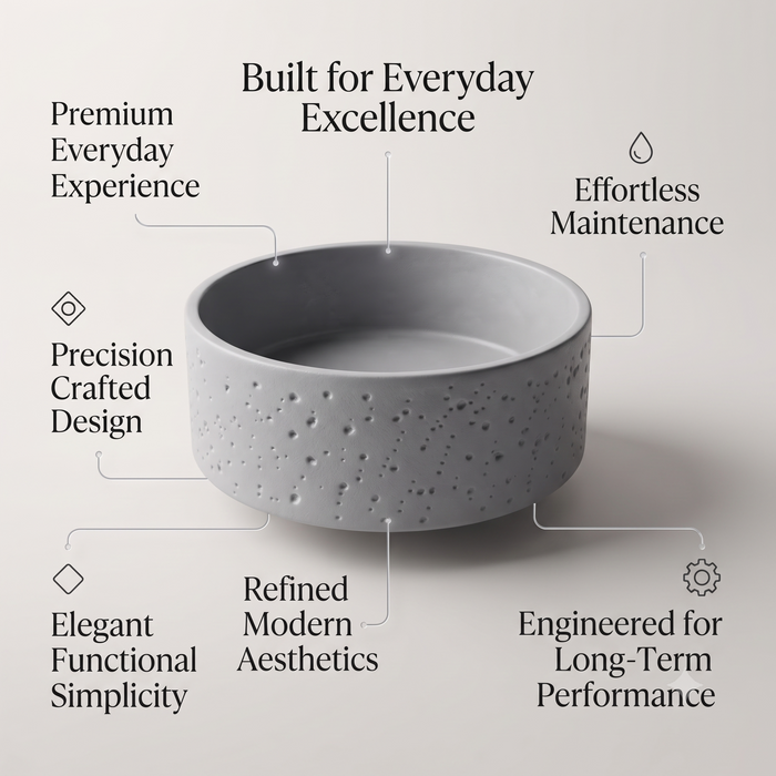 Grey artificial stone round table top wash basin with textured exterior, smooth interior and 400x400x160 mm dimensions for modern luxury bathrooms.