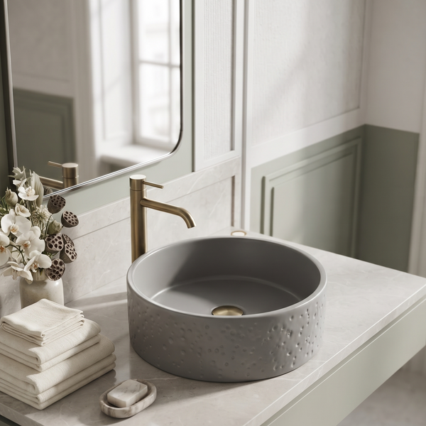 Grey Artificial Stone Round Table Top Wash Basin with Textured Exterior – Premium Designer Matte Countertop Basin for Modern Bathrooms | 16x16x6.3 Inch