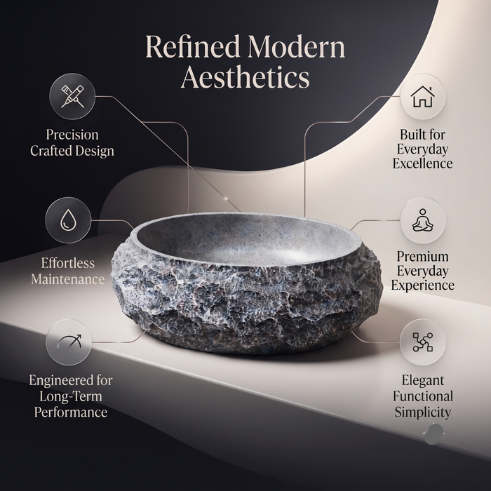Grey artificial stone table top wash basin with matte speckled interior, oval shape and natural rock-textured exterior, 560 × 480 × 135 mm.