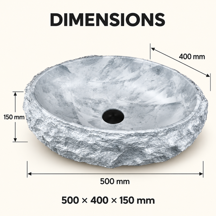 Grey oval artificial stone tabletop wash basin with a matte finish, rugged textured exterior and smooth patterned interior, measuring 500 × 400 × 150 mm.