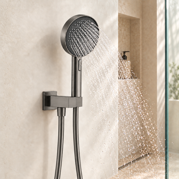 Gun Metal 4-Function ABS Hand Shower Set with 1.5 Meter Hose & Wall Hook – 130 mm Round Shower Head
