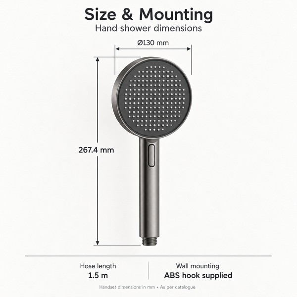 Gun Metal 4-Function ABS Hand Shower Set with 1.5 Meter Hose & Wall Hook – 130 mm Round Shower Head