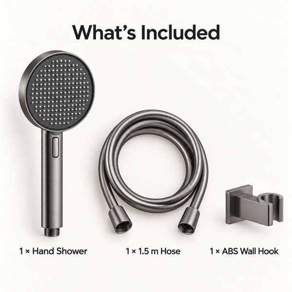 Gun Metal 4-Function ABS Hand Shower Set with 1.5 Meter Hose & Wall Hook – 130 mm Round Shower Head
