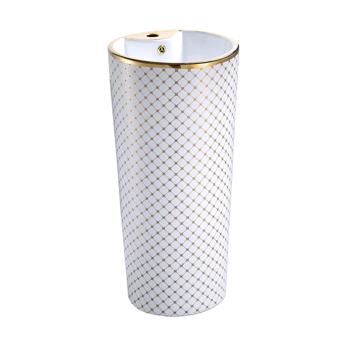 Bassino Luxury Pedestal Wash Basin – White with Gold Net Design | 16.5″ × 16.5″ × 33.5″ In
